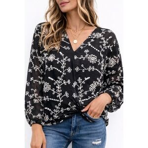 NWT Broadway 38 XL Embroidered Eyelet Floral Knot Front Puffy Sleeve Blouse